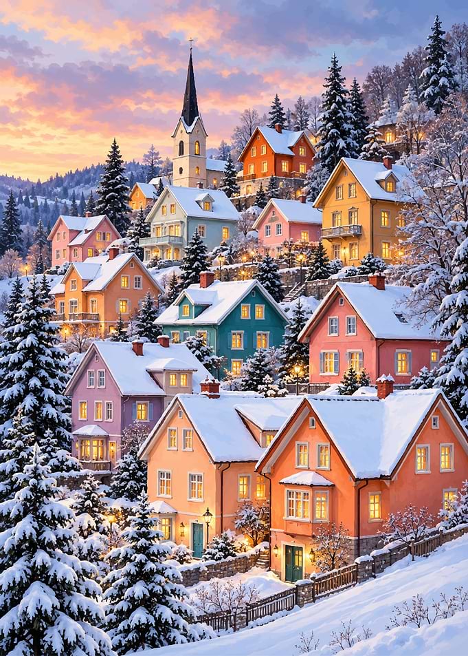 Colorful Winter Village at Sunset