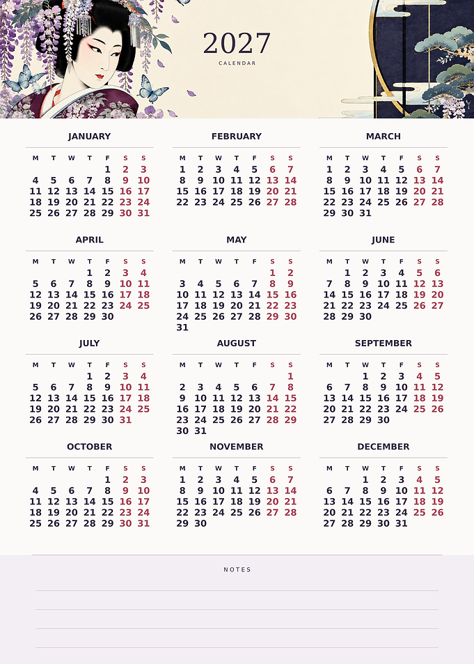 2027 Wisteria Geisha Calendar Monday Start