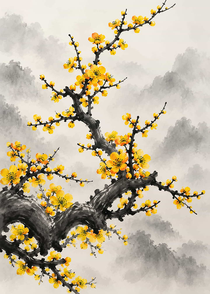 Yellow Plum Blossom Ink Wash Painting