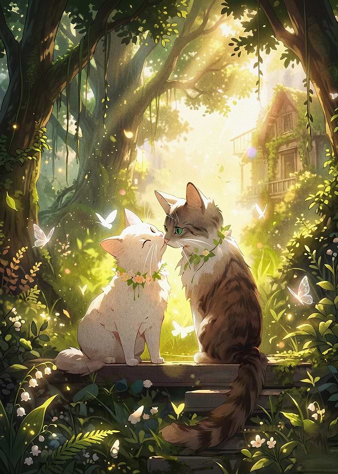 Cats Forest Magical Fantasy Art