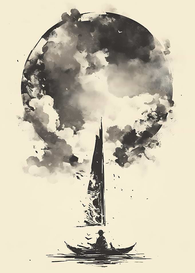 Lone Boatman Under Giant Moon