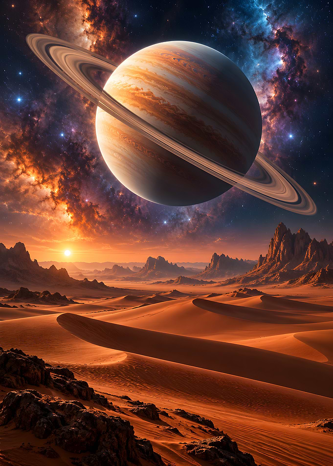 Planet Over Alien Desert Landscape