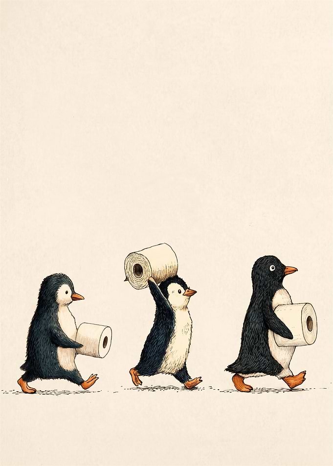 Three Penguins Carrying Toilet Paper