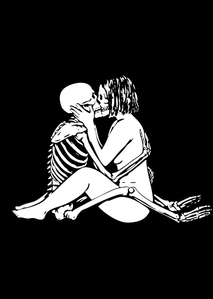 Skeleton and Woman Kissing Illustration