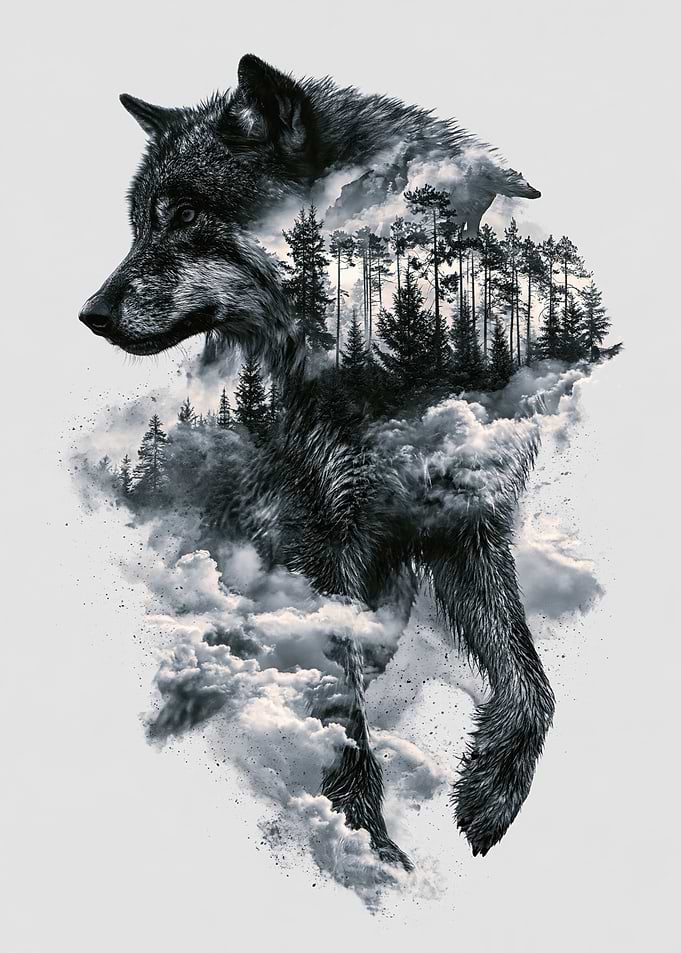 Double Exposure Wolf and Forest Art