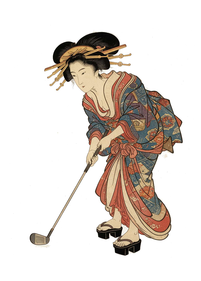 Golf Kimono - Ukiyo-e Swing in Indigo and Vermilion