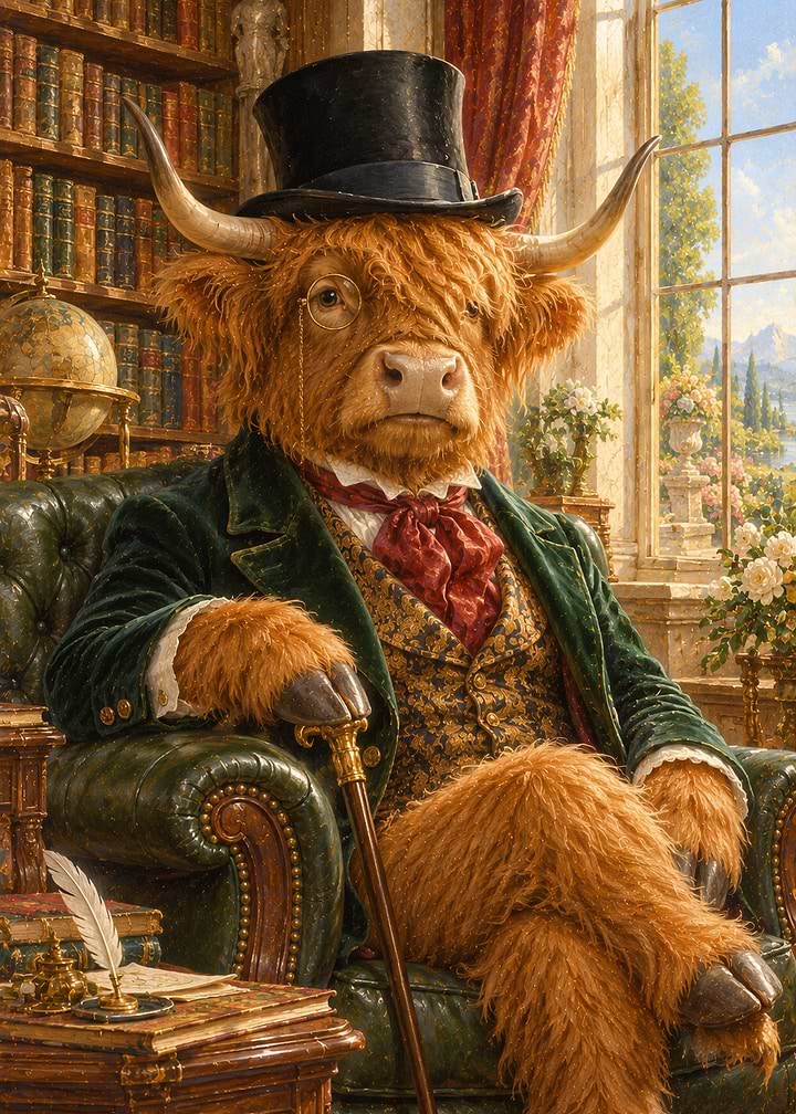 Victorian Highland Cow Gentleman Portrait