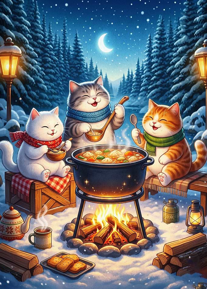 Winter Cats Soup Cute Art Poster