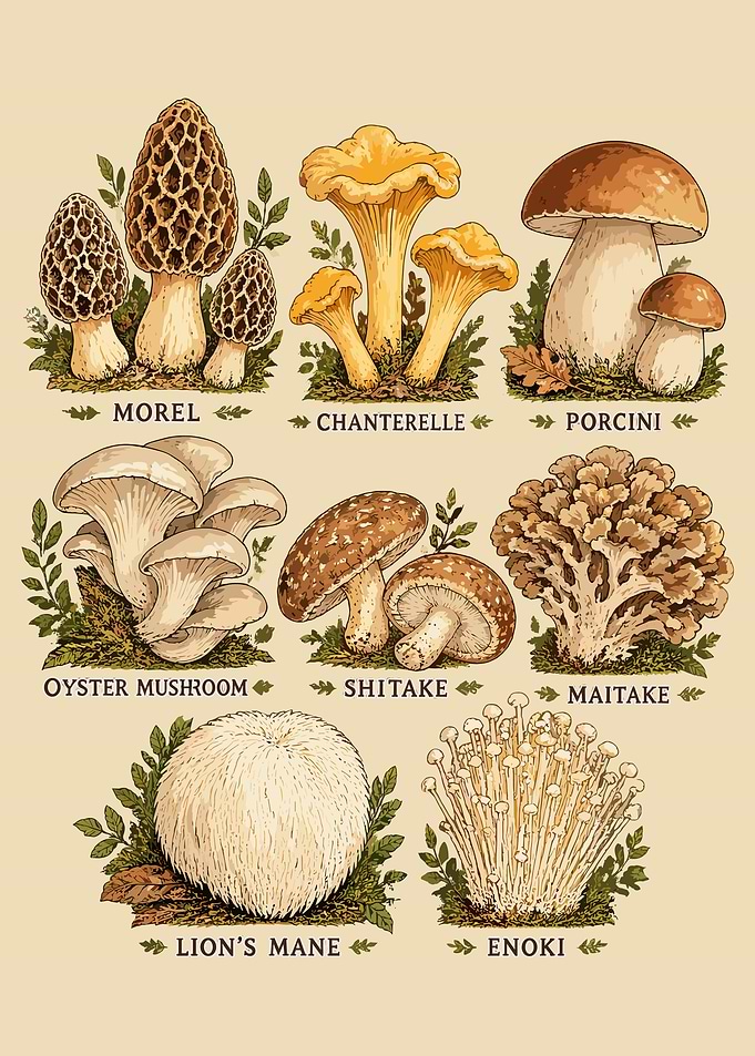 Vintage Botanical Mushroom Identification Chart