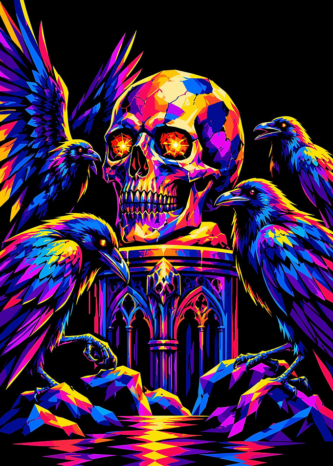 Neon Skull and Ravens Art