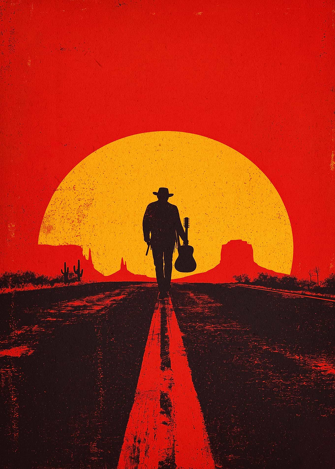 Cowboy Guitar Sunset Desert Retro