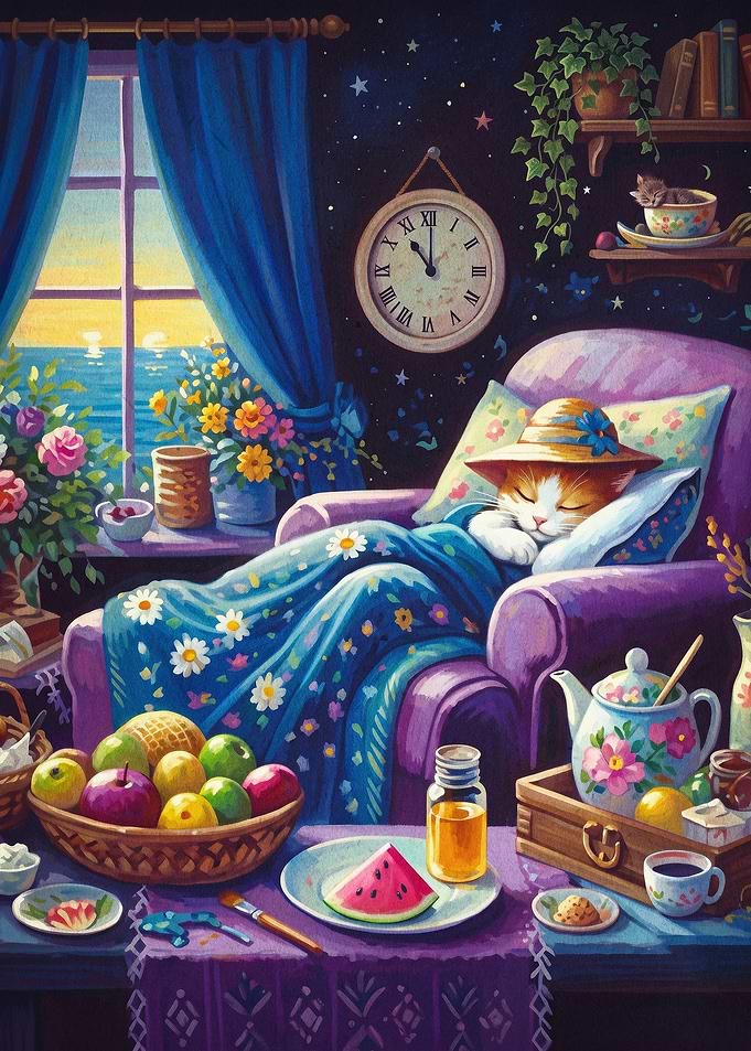Sleeping Cat Cozy Room Fantasy Art