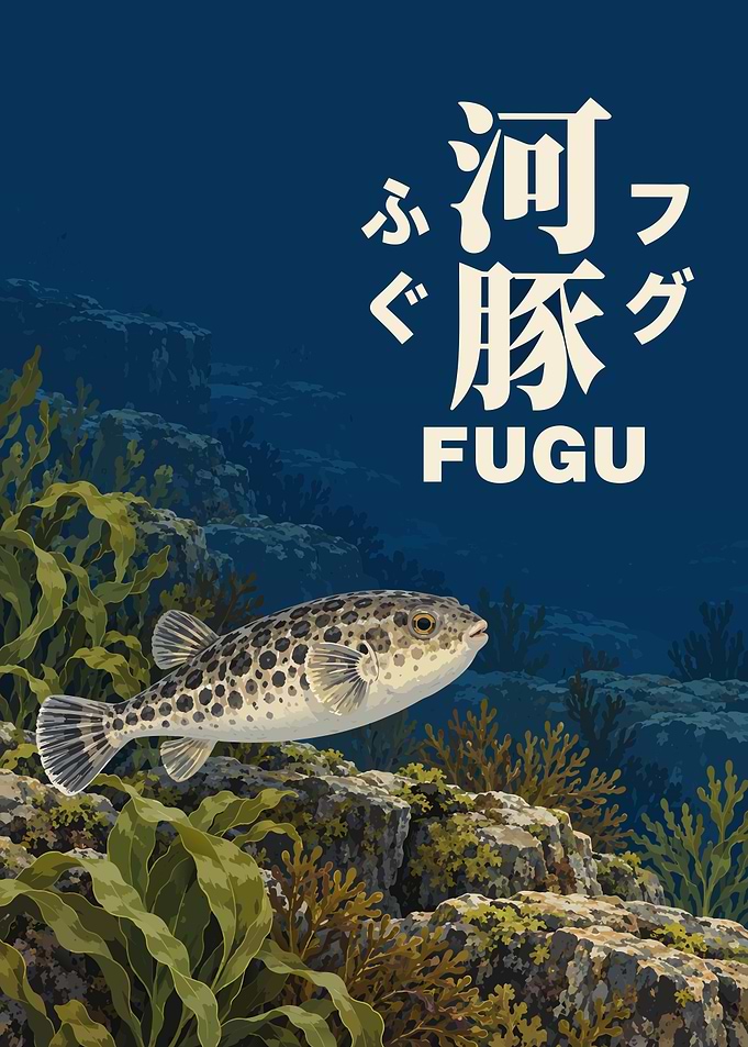Pufferfish Above the Rocky Seabed - Fugu Kanji Art