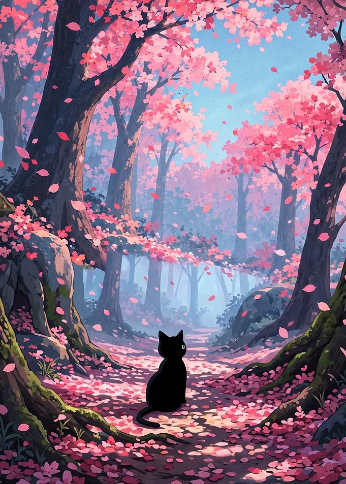 Black Cat in Cherry Blossom Forest