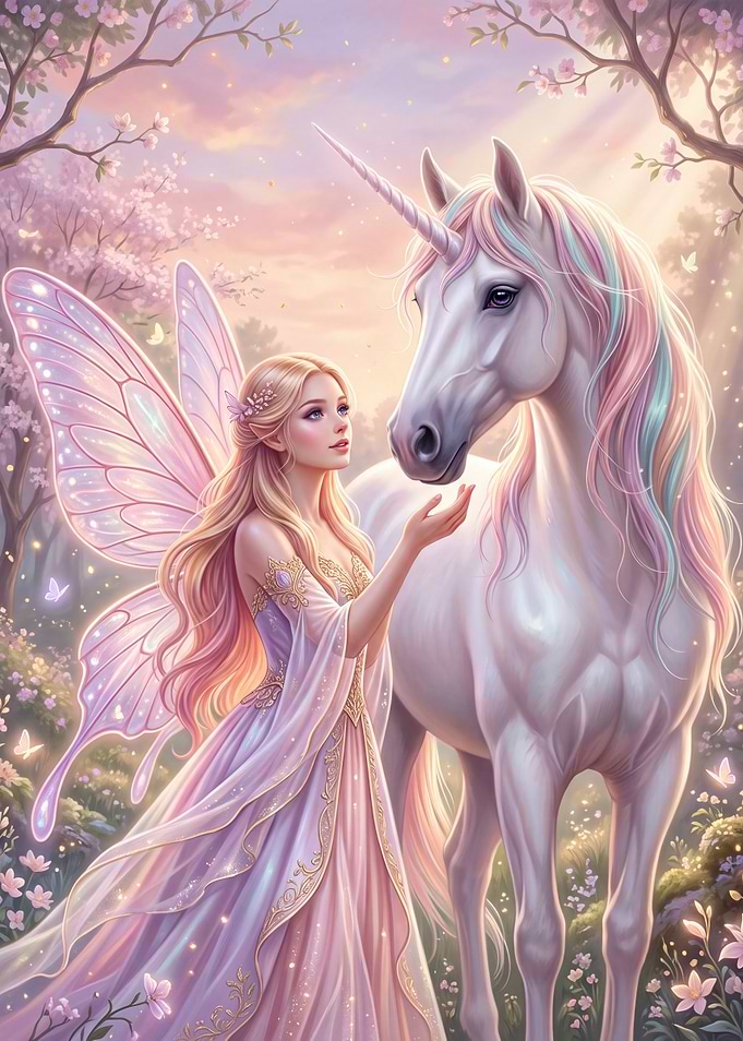 Fairy and Unicorn in Enchanted Forest