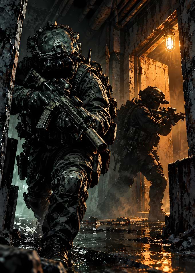 Special Forces Soldiers in Dark Corridor
