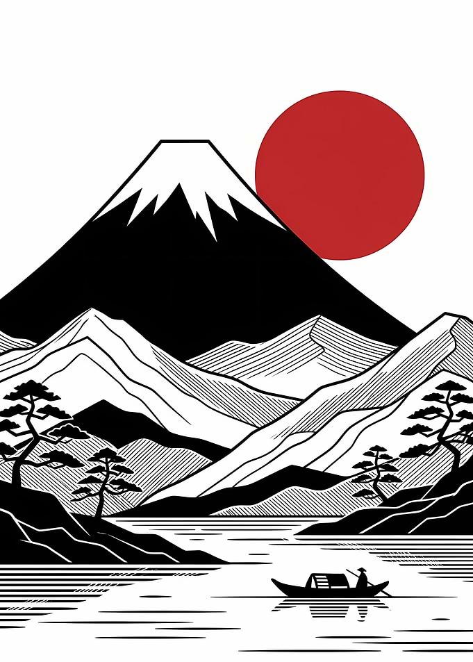 Minimalist Mount Fuji and Boat Landscape