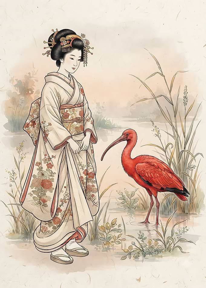 Geisha and Red Ibis Illustration