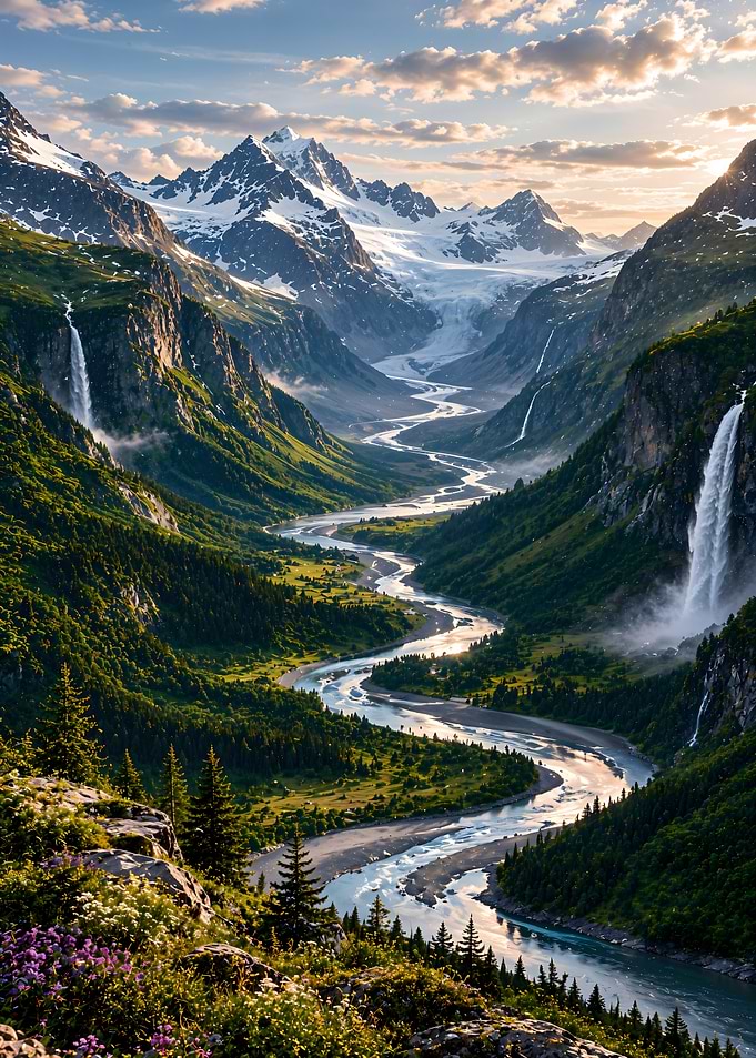 Majestic Alpine Valley with Waterfalls