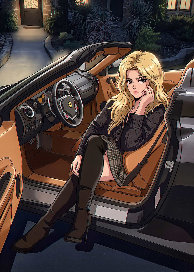 Anime Girl Sitting in Luxury Car