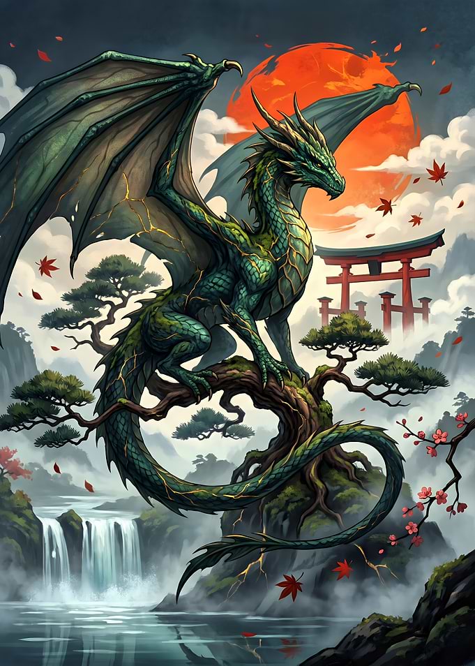 Green Dragon in Japanese Landscape