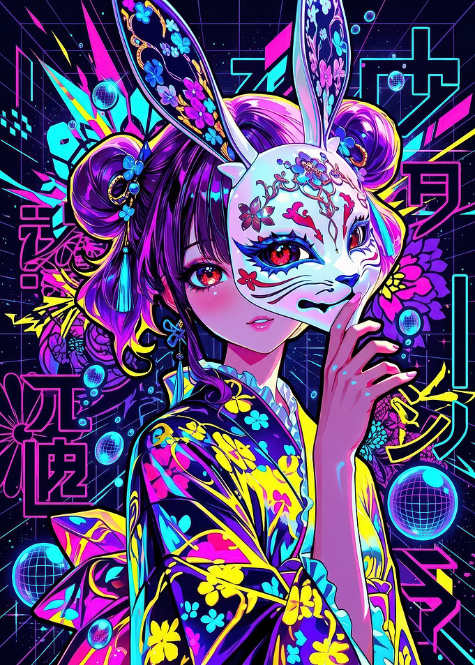 Neon Anime Girl with Mask