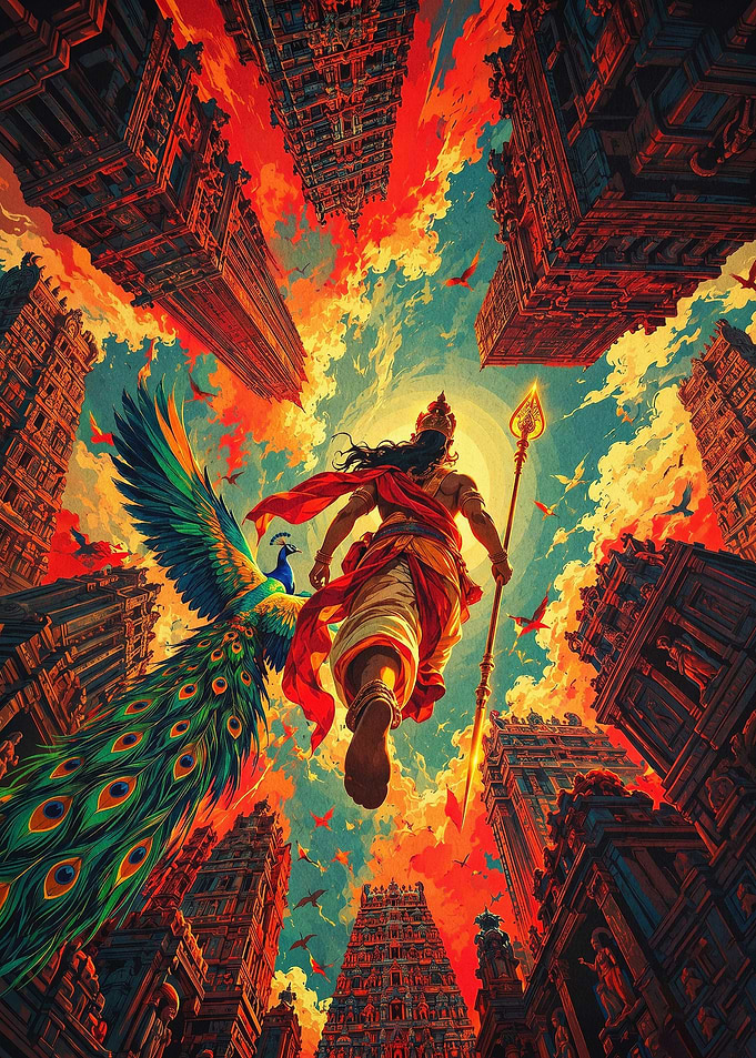 Hindu Deity Ascending Temple Art