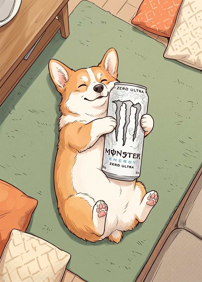 Corgi Hugging Monster Energy Can
