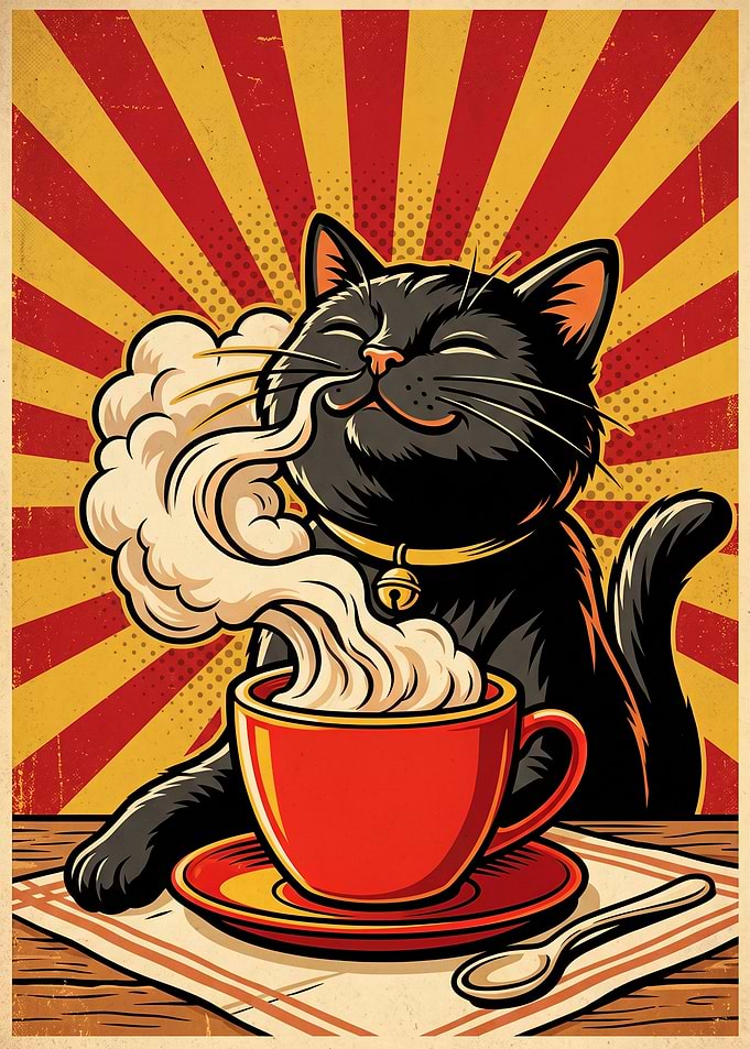 Black Cat Enjoying Hot Coffee