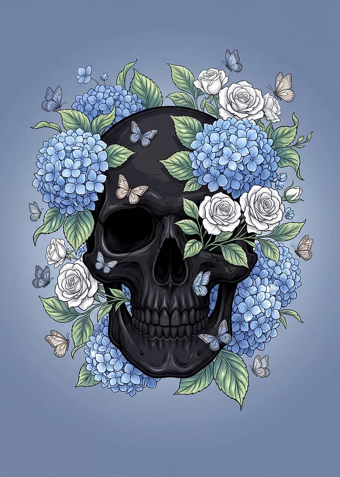 Black Skull with Blue Hydrangeas