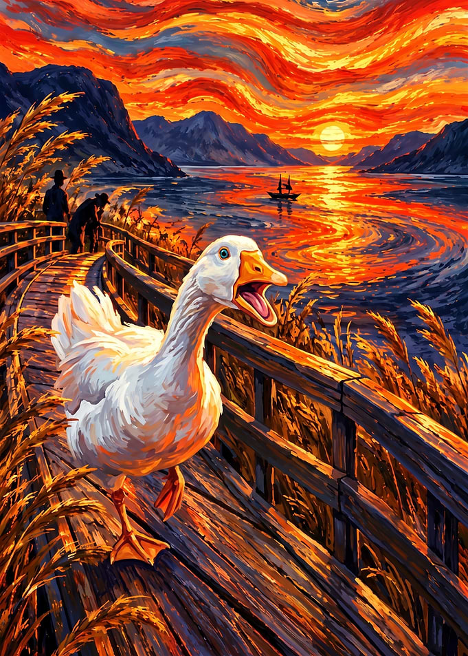 Goose on a Wooden Boardwalk at Sunset