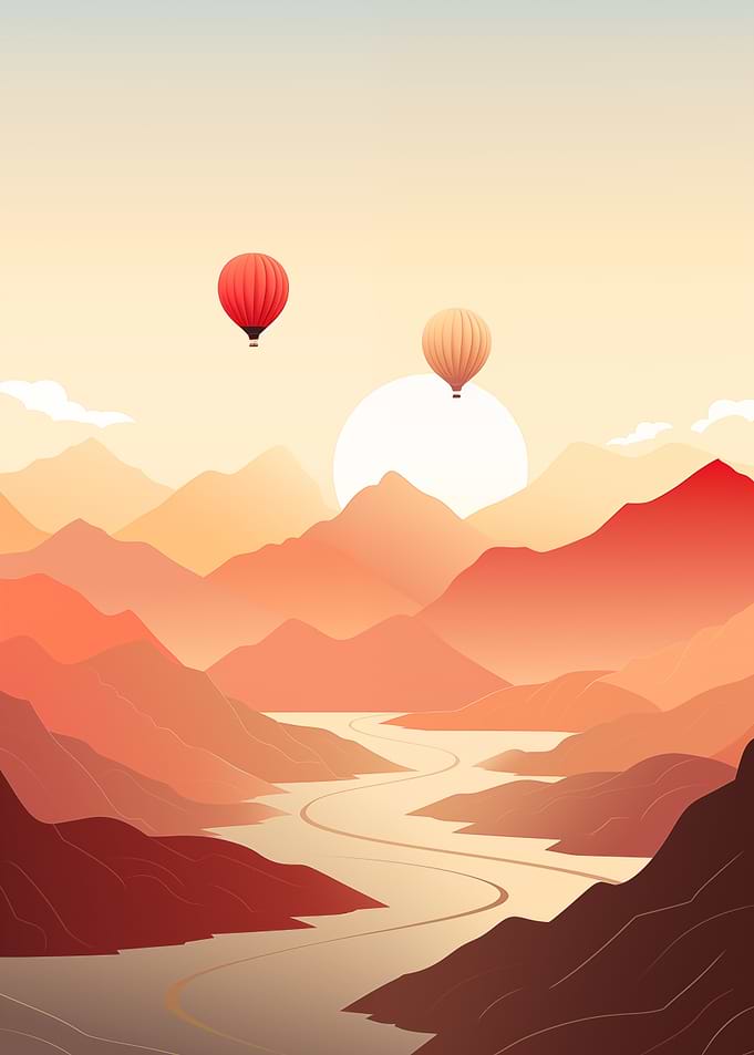 Hot Air Balloons Over Mountain Valley