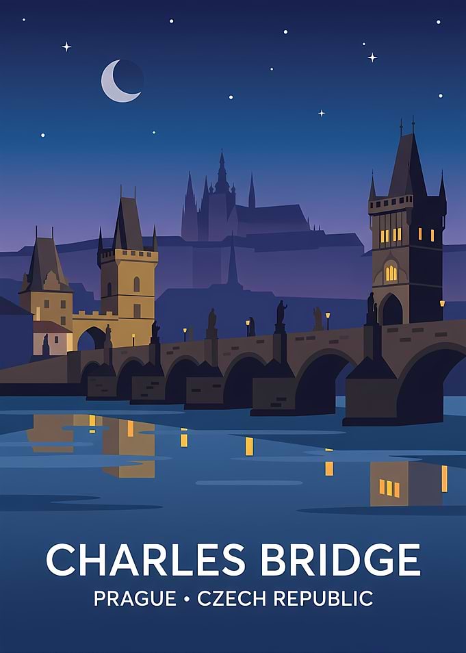 Charles Bridge Prague Night Poster