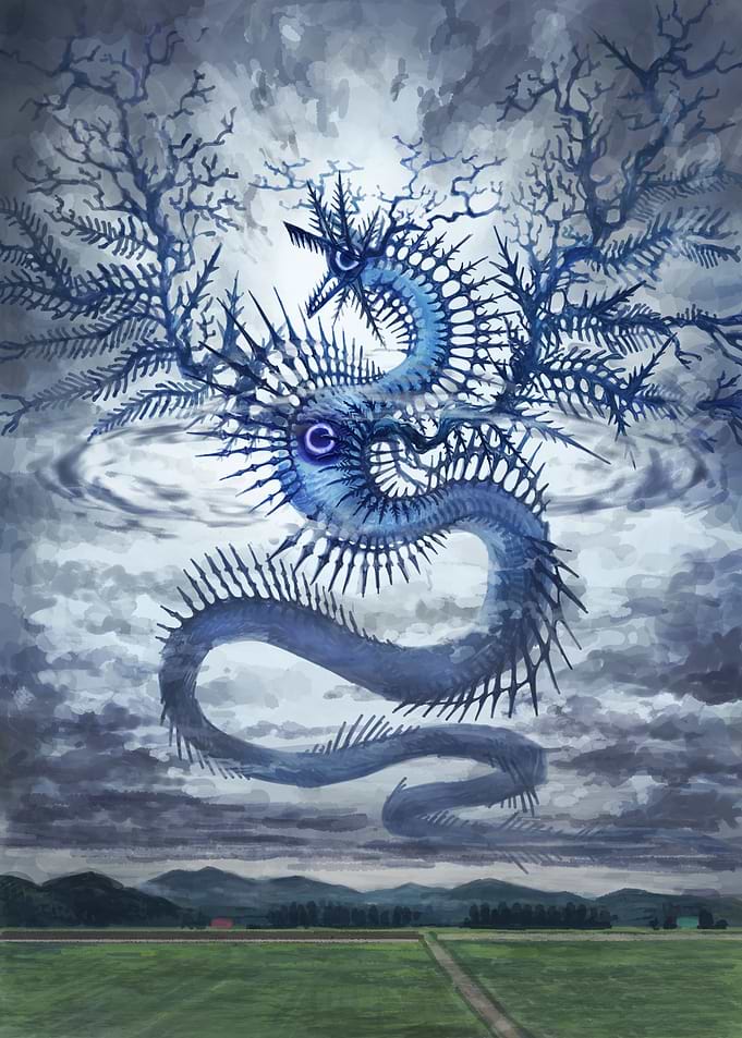 Ethereal Blue Dragon Over Rural Landscape