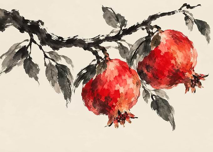 Watercolor Pomegranate Branch Painting