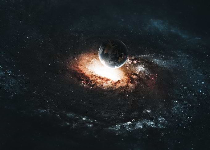 Earth Floating Above Glowing Galaxy