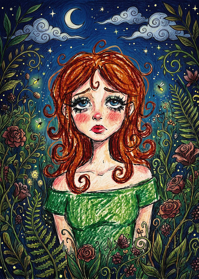Sad Girl Night Garden Fantasy Art
