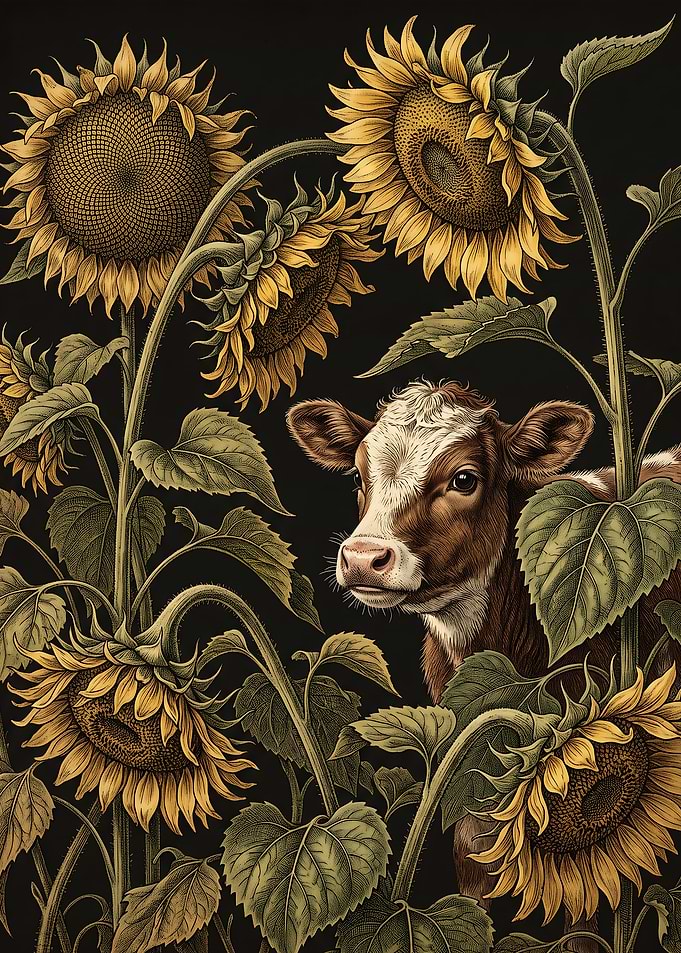 Calf Peeking Through Sunflowers