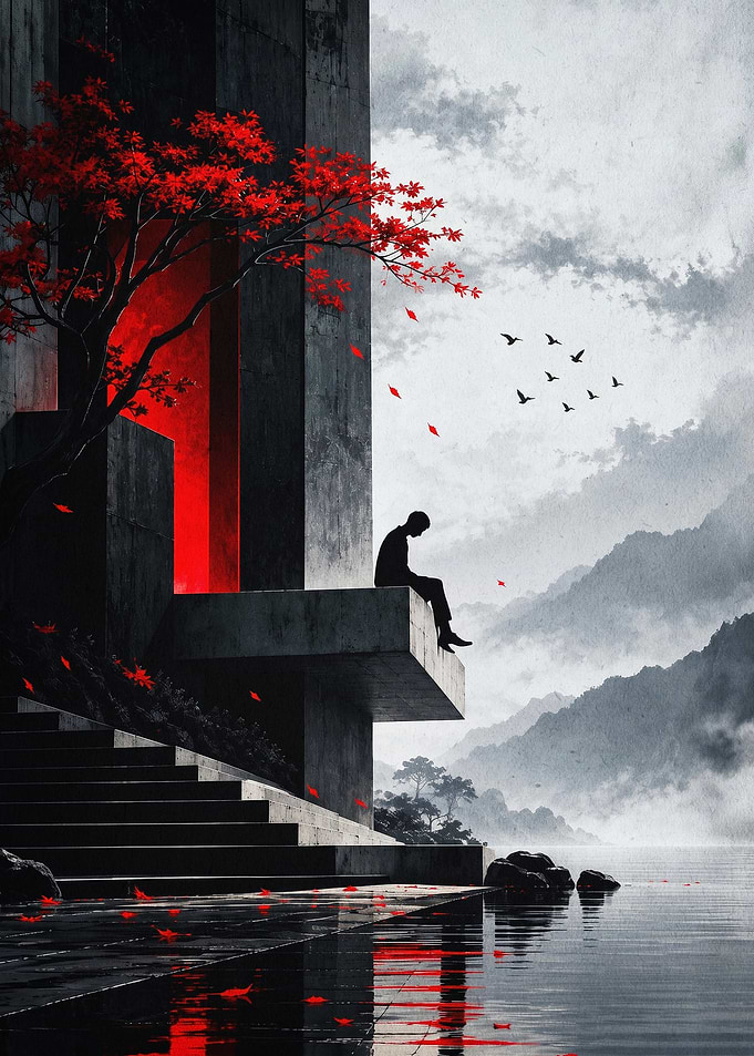 Lone Man Red Tree Dark Fantasy Art