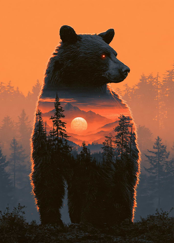 Double Exposure Bear Forest Sunset