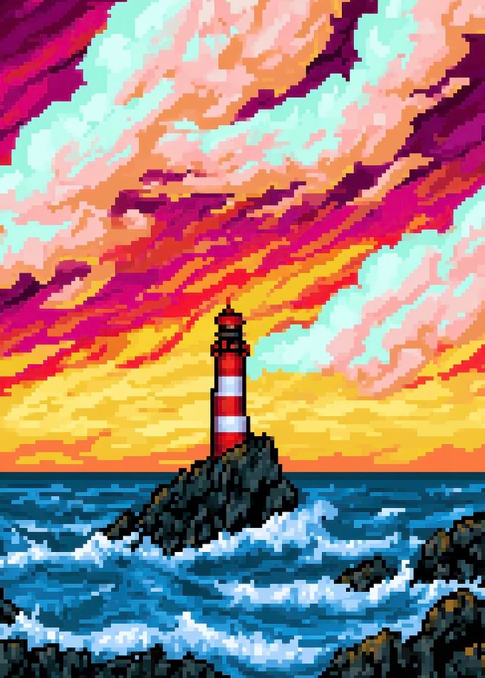 Pixel Art Lighthouse at Sunset