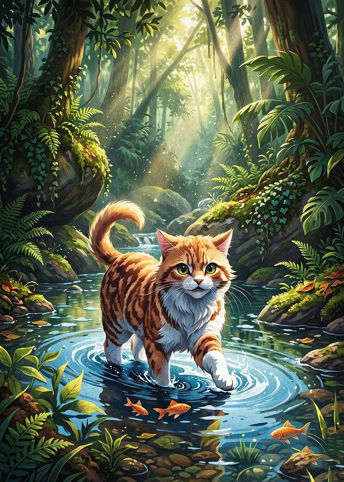 Cat Forest Stream Fantasy Art