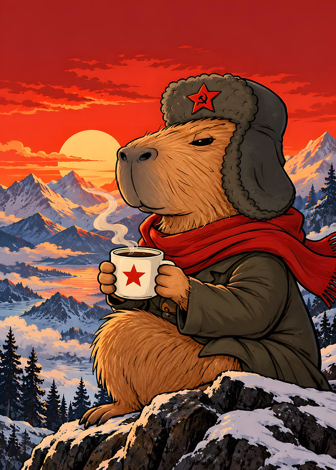 Capybara in Ushanka Drinking Coffee