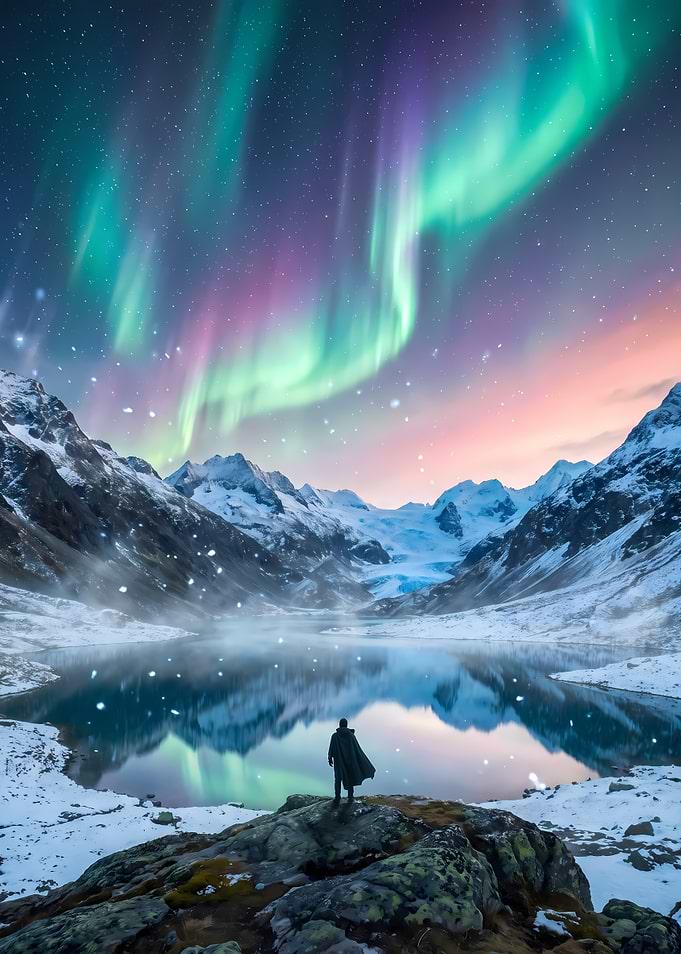 Lone Traveler Under Northern Lights