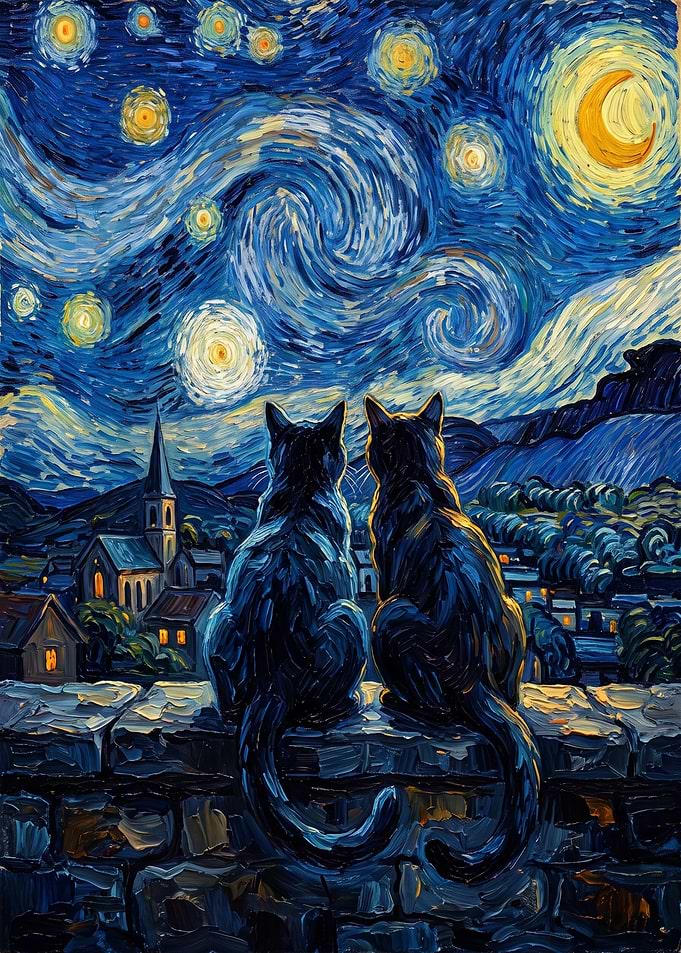 Two Cats Watching Starry Night