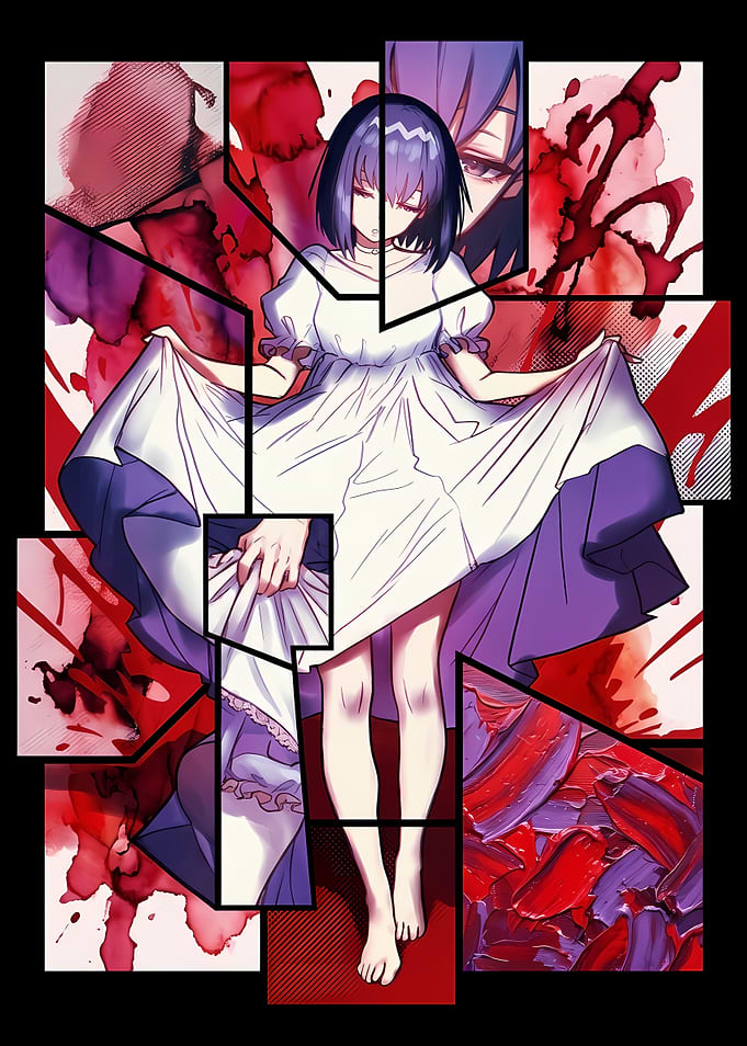 Fragmented Anime Girl in White Dress
