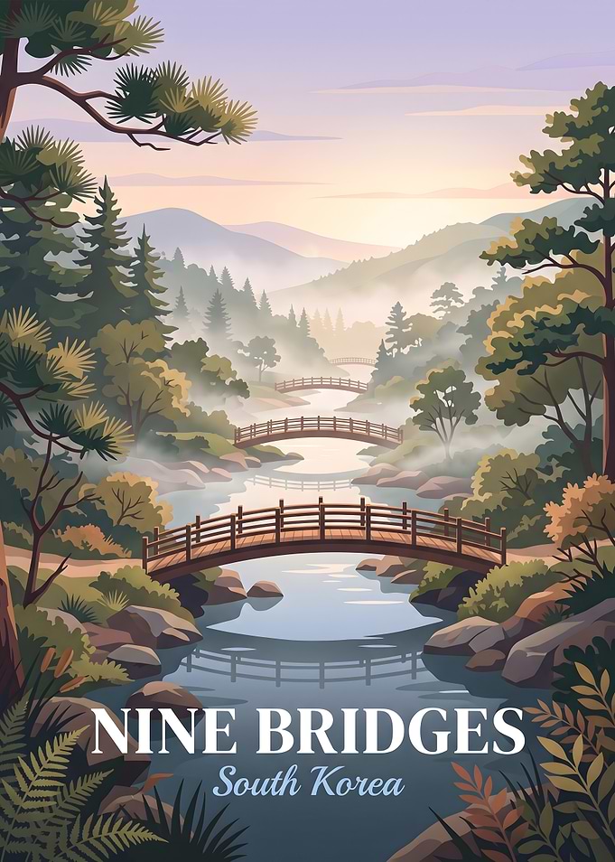 Nine Bridges South Korea Travel Poster