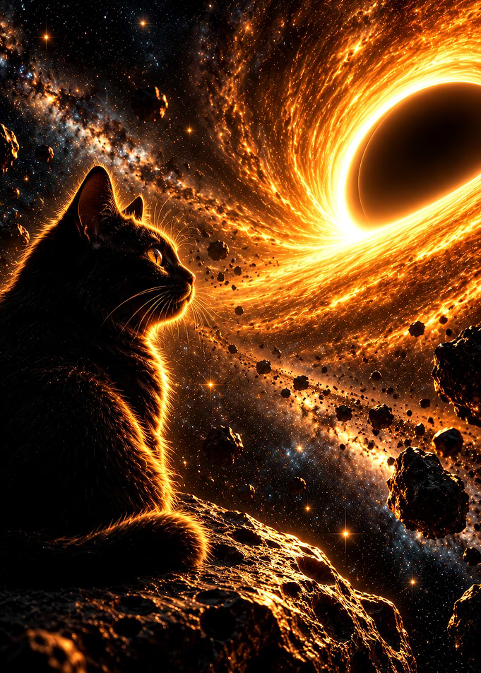 Black Cat Watching a Black Hole
