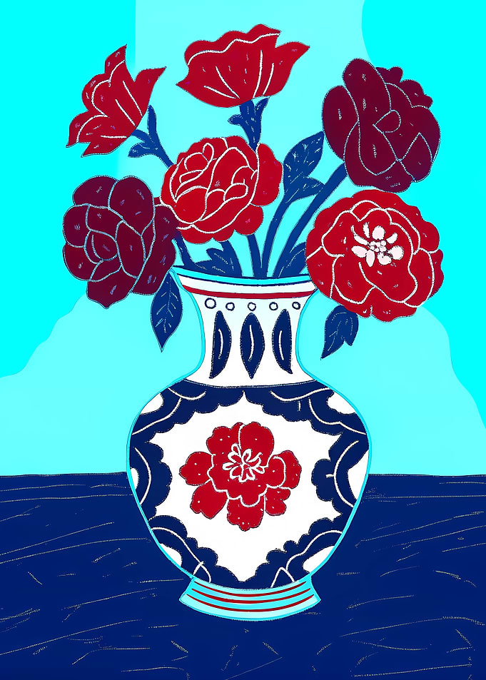 Red Flowers in Blue Patterned Vase