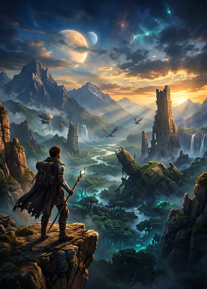 Adventurer Overlooking a Fantasy Valley